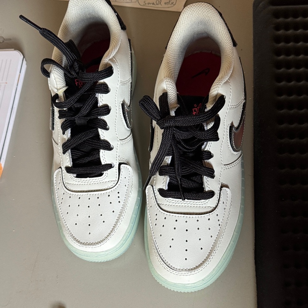 Rare custonizable Nike White and Black silver Athletic Shoes youth unisex